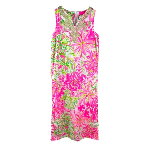Lilly Pulitzer Other - LILLY PULITZER Girls’ Size 8 Carlotta Maxi Dress Pink Floral Print Gold Accents